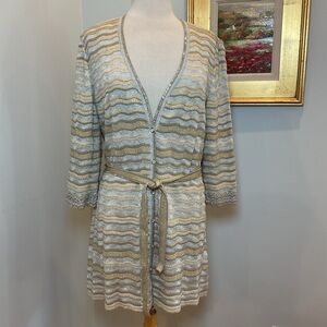 St. John Evening Gold Metallic Knit Belted Long Cardigan Top Size 12